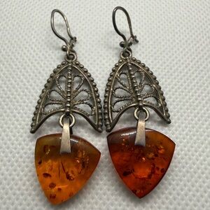 Herringbone Sterling Silver and authentic Amber Earrings